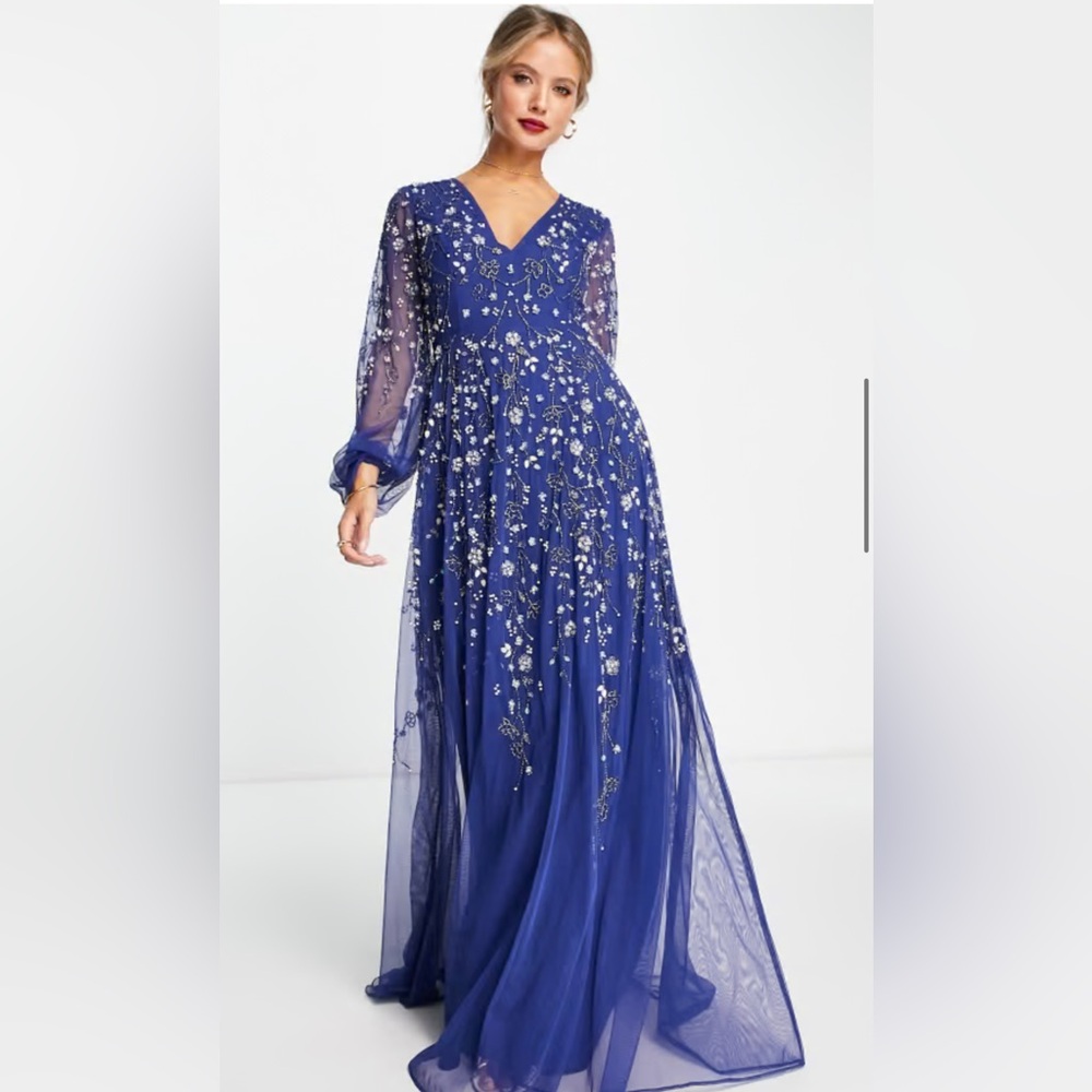 ASOS DESIGN maxi dress blouson sleeve and delicate floral embellishment Navy